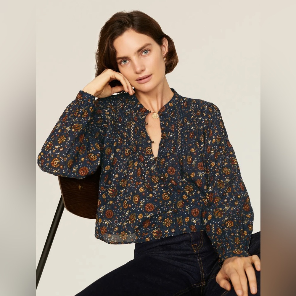 Veronica Beard Sherwood Blouse in Ink Multi Size 4 $398